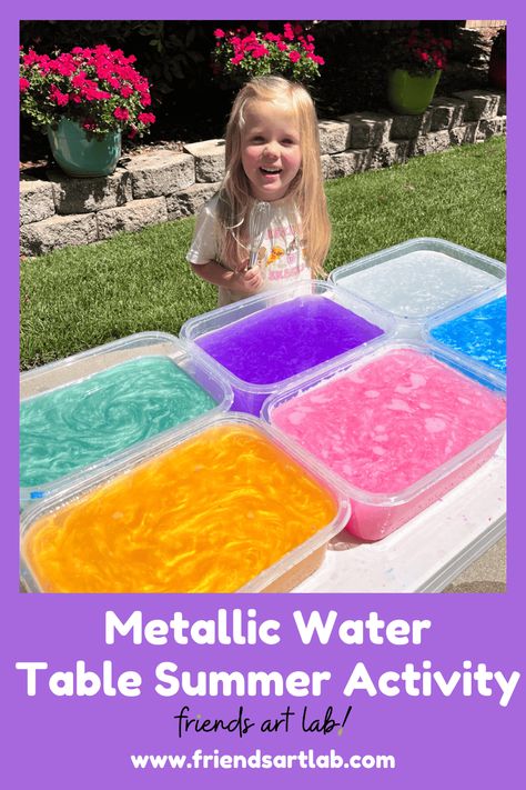 Metallic Water Table Summer Activity  - Friends Art Lab Water Table Activities Preschool, Water Table Ideas, Water Play Activities, Sensory Water, Water Play For Kids, Water Table Activities, Summer Activity, Sensory Table, Friends Art