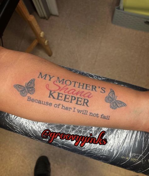 My Auntie Keeper Tattoo, Rip Mother Tattoo Ideas, Tattoo Ideas For Mama, Married To The Money Tattoo, Name Tattoo On Thigh For Women, Women Small Arm Tattoo Ideas, I Am My Mothers Keeper Tattoo, Tattoo Ideas Mom Name, Small Tattoo Ideas Quotes