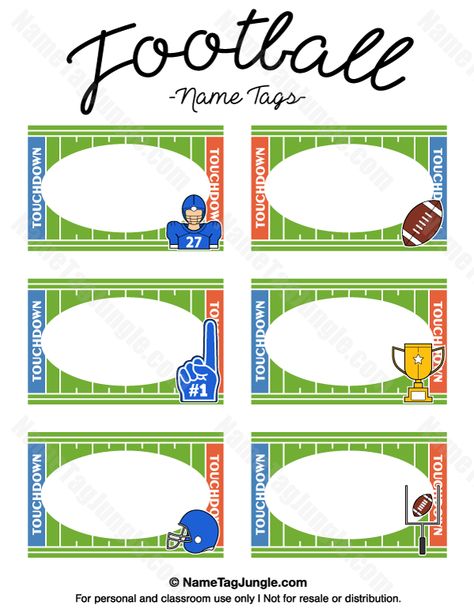 Free printable football name tags. The template can also be used for creating items like labels and place cards. Download the PDF at http://nametagjungle.com/name-tag/football/ Football Name Tags, Sports Treats, School Name Tags, Physical Education Bulletin Boards, Time Management College Student, Sports Theme Classroom, Name Tag For School, Name Tag Templates, Sports Classroom