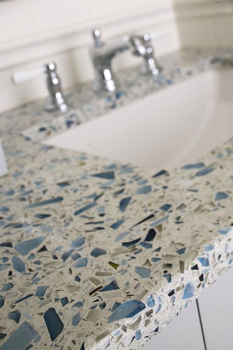 Blue Granite Countertops, Recycled Glass Countertops, Bathroom Decor Themes, Countertop Options, Glass Countertops, Epoxy Countertop, Quartz Kitchen Countertops, Bathroom Themes, Concrete Furniture