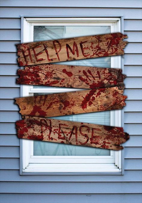 Halloween Window Decorating Ideas 2022 Haunted School, Haunted Trail Ideas, Zombie Decorations, Halloween Projector, Window Boards, Diy Haunted House Props, Scary Halloween Decorations Diy, Halloween Window Decorations, The Zombies