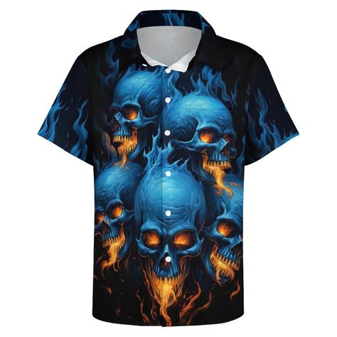 PRICES MAY VARY. Material: Mens Shirts Are Made of 100% Polyester. Soft,skin friendly, breathable fabric. Printing: The creative design of skull cool graphic adds vitality and fashion to this Hawaiian button up shirt. Short Sleeve Design: Keep cool in the summer heat with our short sleeve shirts. Button Down Closure: The classic button down design allows you to easily adjust the shirt to your desired fit.regular fit men shirts, which looks very handsome and casual, out-of-office style, daily wea Button Up Shirt Short Sleeve, Flame Skull, Mens Printed Shirts, Skull Graphic, Hawaiian Beach, Hawaiian Beaches, Fabric Printing, Men Shirts, Men's Button Down Shirt