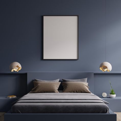 Free photo poster mockup with vertical f... | Free Photo #Freepik #freephoto Dark Blue Bedroom Walls, Blue Bedroom Walls, Dark Blue Walls, Islamic Wallpaper Hd, Stunning Interior Design, Bedroom Images, Vertical Frames, Walls Room, Bedroom Posters