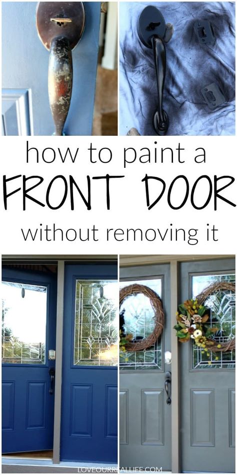 Learn these important tips to paint your front door (without removing it)! Also learn what NOT to do. See how to update the front door hardware while you're at it! #frontdoor #exteriorpaint #painteddoor Paint Front Door Diy, Renovating House, Painting Metal Doors, Paint Your Front Door, Easy Home Diy Upgrades, Painted Exterior Doors, Front Door Hardware, Door Painting, Front Door Makeover