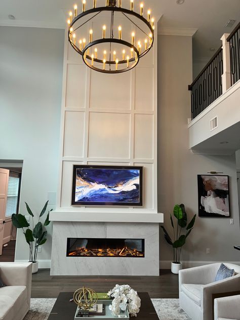 Electric Fireplace Ideas High Ceiling, High Ceiling Electric Fireplace Wall, Electric Fireplace Ideas With Tv High Ceiling, Tall Electric Fireplace Wall High Ceilings, High Ceiling Fireplace Ideas, Tall Fireplace Wall High Ceilings Wood, Beadboard Fireplace Wall, Highceiling Fireplace, Y’all Fireplace Wall