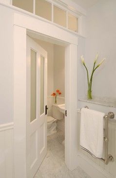 Transom over door for toilet closet-Greek Revival Bath with Transom Windows traditional-bathroom to bring light into toilet closet. Diy Barn Door Cheap, Windowless Bathroom, Toilet Closet, Bathroom Transitional, Bathroom Vanity Remodel, Simple Bathroom Remodel, Transom Window, Bathroom Projects, Cheap Apartment