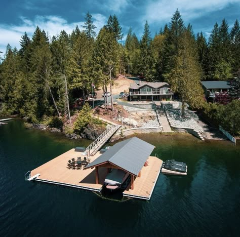 Lake Boat House, Lake House Ideas Outdoor Boat Dock, Boat House, Floating Boat House, House With Boat Dock, Lake Docks Designs, Beach House With Boat Dock, Boat Dock With Upper Deck, Lake House Dock