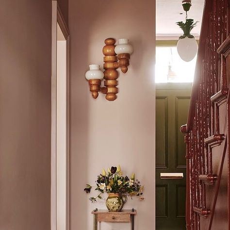 Upstairs Hallway Ideas Landing, Lucy Williams Home, Dark Hallway Ideas, Pink Hallway, Upstairs Hallway Ideas, Terracotta Floors, Hallway Paint, Black Stairs, Collected Interiors