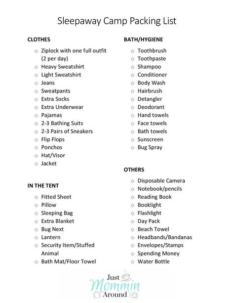 The Must-Haves for Sleepaway Camp! Camp Trip Packing List, Packing List For Camping In A Camper, Camp Checklist For Girls Packing Lists, Summer Camp List Packing Checklist, What To Take Camping Packing Lists, Things To Pack For A Camping Trip, Summer Church Camp Packing List, Packing List Summer Camp, Packing For Overnight Camp