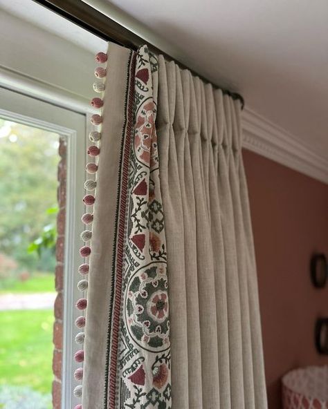 Lisa Dawson Interiors on Instagram: "We were all very sad to see these lovely curtains leave our work room but equally delighted to see how wonderful they look in our clients snug! Both windows were dressed with hand interlined and blackout lined curtains with triple pleat headings. Face fabric from @sanderson1860 Contrast leading edge from @jamesharefabric Tracks from @cameron_fuller_limited #softfurnishings #softfurnishingspecialist #handmadecurtains #bespokesoftfurnishings #curtaininspiration #fabricdesign #norfolkinteriors #norfolk" Curtains With Contrast Leading Edge, Bedroom Curtain Ideas Master Modern, Curtain Styles Living Room, Cupboard Curtains, Curtain Designs Living Room, Lisa Dawson, Cameron Fuller, Dress Curtains, Cottage Curtains