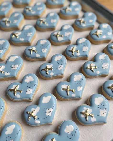 Travel Theme Strawberries, Travel Gender Reveal Ideas, Travel Themed Bridal Shower Ideas Food, Airplane Baby Shower Cookies, Airplane Cookies Royal Icing, Travel Cookies Decorated, Travel Themed Cookies, Travel Theme Baby Shower Ideas, Travel Cookies