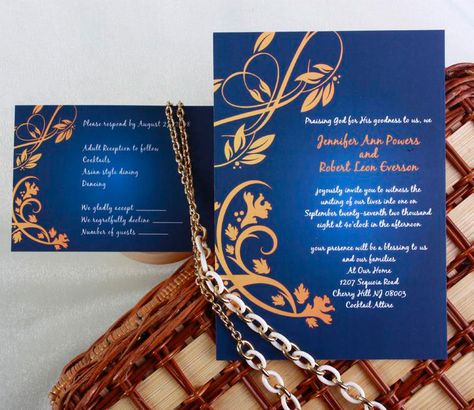 Blue gold Wedding Color Themes | Latest Wedding Color Trends-Blue Wedding Ideas and Invitations Informal Wedding Invitations, Blue Gold Wedding Invitation, Royal Blue And Orange, Royal Blue Wedding Invitations, Orange Invitation, Blue And Gold Wedding, Orange Wedding Invitations, Blue Gold Wedding, Inexpensive Wedding Invitations