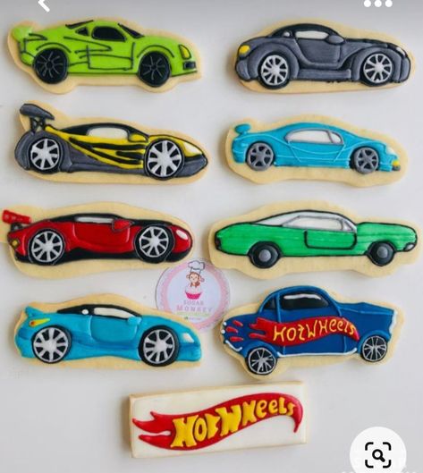 Hot Wheel Cookies Decorated, Hotwheels Cookies Decorated, Hot Wheels Cookies Decorated, Hot Wheels Cookies, Cars Cookies, Cars Cake Design, Car Cookies, Dinosaur Birthday Party Decorations, Hot Wheels Party