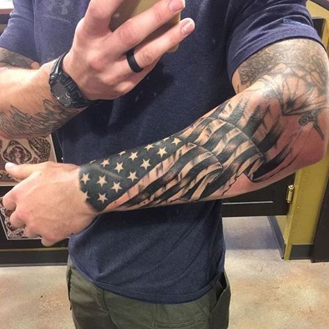 Flag Sleeve Tattoo, American Flag Forearm Tattoo, American Flag Sleeve Tattoo, Patriotic Tattoos, Army Tattoos, Military Tattoos, Flag Tattoo, Arm Sleeve Tattoos, Best Sleeve Tattoos