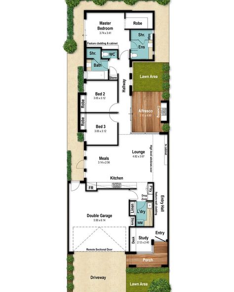 Narrow lot floor plans don't have to be small & boring. This impressive floor plan features a grand entry hall which is filled with natural light. Clerestory windows also invite an abundance of light in to the open living areas which feature extra-high ceilings. The New York apartment styled living areas have direct access to the small court & alfresco area. 40 Feet Wide House Plans, Long Narrow Bungalow Floor Plans, House Plan Narrow Lot, Long Narrow Ranch House Plans, Narrow Homes, Narrow Plot House Plan, Narrow House Designs, Grand Entry, Narrow House Plans