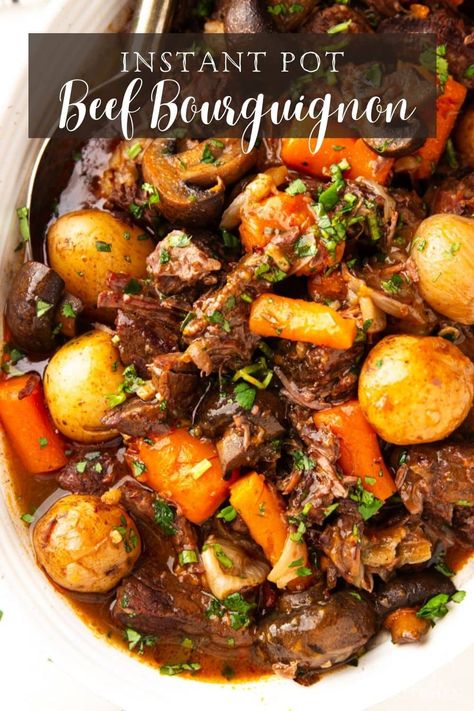 Tender chunks of melt-in-your-mouth beef simmered in a red wine sauce with fresh vegetables make this Instant Pot Beef Bourguignon irresistibly good. Instant Pot Beef Bourguignon, French Beef Stew, Pressure Cooker Beef, Beef Stew Meat Recipes, Beef Bourguignon Recipe, Classic French Dishes, Pot Beef Stew, Red Wine Sauce, Slow Cooker Beef Stew