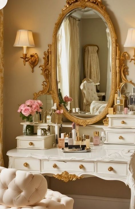 Old Money Vanity Aesthetic, Old Vanity Aesthetic, Vanity Ideas Vintage, Luxury Vanity Design, French Dressing Room, Vintage Princess Aesthetic Bedroom, Vintage Style Vanity, Vintage Vanity Aesthetic, Vintage Vanity Table