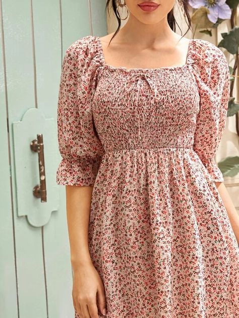 Ditsy Floral Square Neck Shirred Bodice Chiffon Dress | SHEIN Chiffon Dress Design, Floral Dress Shein, Square Neck Design, Short Frocks, Simple Frock Design, Simple Frocks, Frock Patterns, Ditsy Floral Dress, Frock For Women