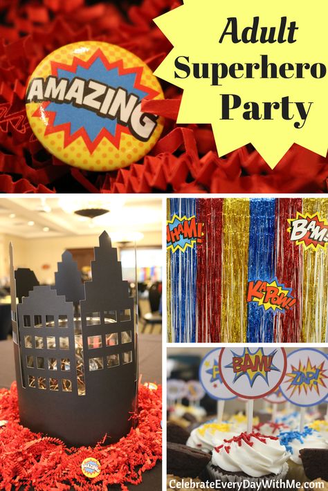 Superhero Games For Adults, Comic Birthday Party Ideas, Superhero Party For Adults, Marvel Graduation Party, Adult Superhero Party, Superhero Diy, Superhero Themed Party, Superman Party, Superhero Party Decorations