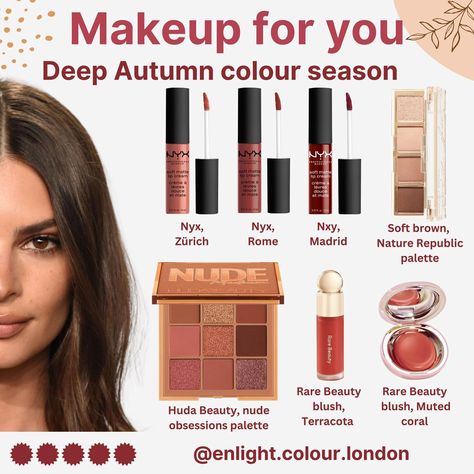 🎨Colour analysis helps you find your best makeup colours! These will be in harmony with your natural palette :) Deep Autumn palette… | Instagram Autumn Color Makeup, Makeup For Deep Autumn, Deep Autumn Colour Palette, Deep Autumn Makeup Color Palettes, Makeup For Dark Autumn, Deep Autumn Lipstick Colors, Deep Autumn Makeup Palette, Deep Autumn Color Makeup, Autumn Deep Makeup