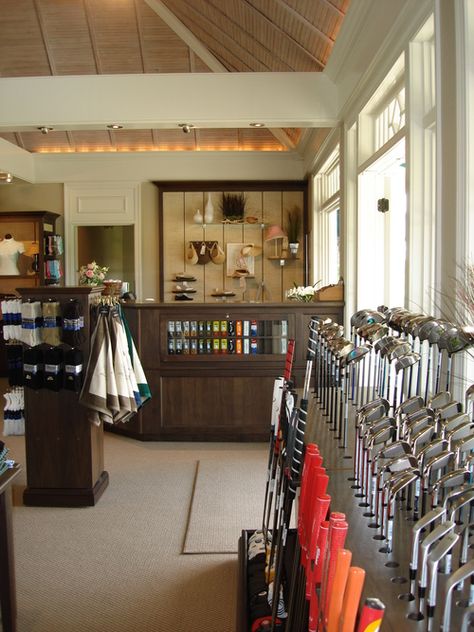 Club Design Interior, Country Club Design, Golf Pro Shop, Tessa Bailey, Golf Clubhouse, Clubhouse Design, Golf Shop, Store Interior, Club Design