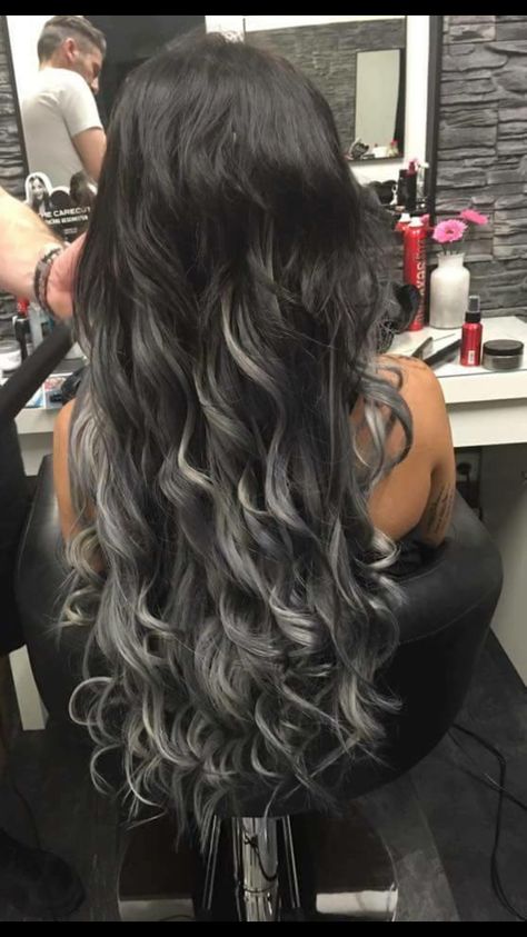 Witch Hair Color, Witchy Hair Color, Extra Long Hair Extensions, Black And Grey Hair, Grey Ombre Hair, Witch Hair, Black Hair Balayage, Hair Silver, Dark Hair With Highlights