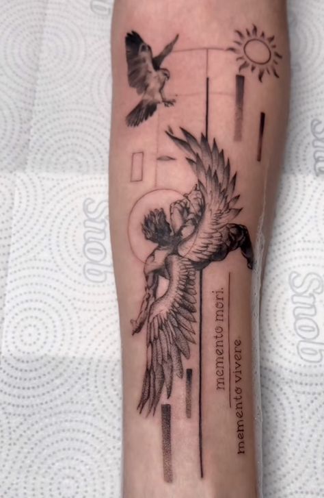 Swallow Bird Tattoo, Sam Tattoo, Icarus Tattoo, Memento Mori Tattoo, Animal Sleeve Tattoo, Greek Mythology Tattoos, Wrist Tattoos For Guys, Tattoo Inspiration Men, Upper Arm Tattoos