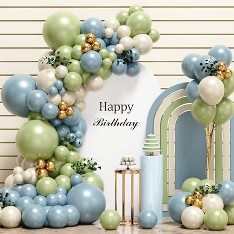 Blue Balloon Garland, Baby Shower Boho, Balloons For Birthday, Blue Balloon, Garland Arch, Boho Bridal Shower, Dusty Green, Arch Kit, Blue Balloons