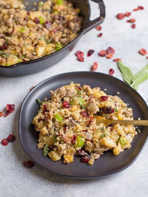 Roasted Cauliflower Rice, Stuffing With Sausage, Healthy Holiday Sides, Rice Stuffing, Paleo Sides, Holiday Side Dish, Frozen Cauliflower Rice, Thanksgiving Side Dish, Cauliflower Rice Recipes