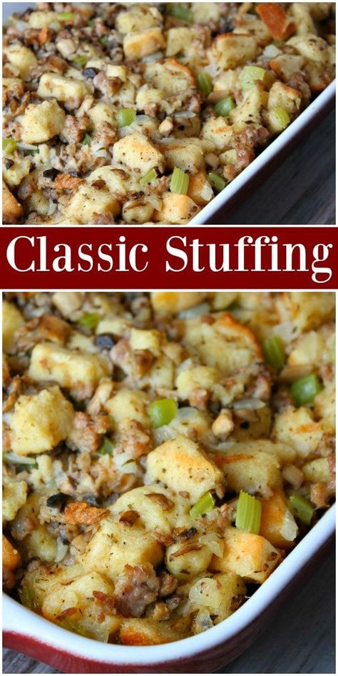 Classic Stuffing Recipe, Traditional Stuffing, Classic Stuffing, Thanksgiving Food Sides, Stuffing Recipes For Thanksgiving, Best Thanksgiving Recipes, Thanksgiving Dinner Recipes, Thanksgiving Cooking, Thanksgiving Stuffing