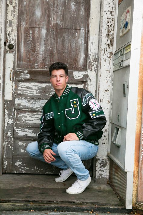 Letterman Jacket Pictures Senior Photos, Letterman Jacket Poses, Senior Pictures Letterman Jacket, Senior Picture With Letterman Jacket, Senior Pictures With Letterman Jacket, Senior Picture Ideas For Guys Letterman Jackets, Guys Senior Pictures, Senior Football Photography, Letterman Jacket Pictures