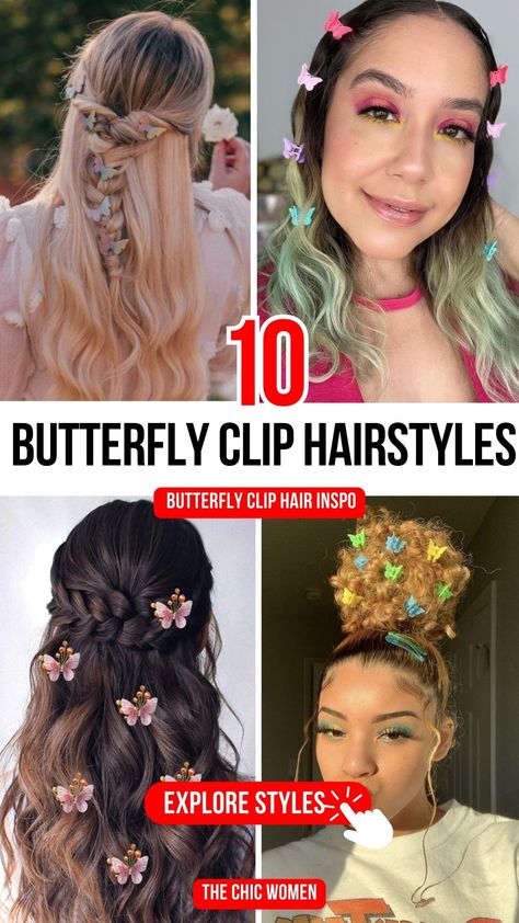 Butterfly Clips Are Back: 10 Creative Ways to Style Them! Butterfly Clip Hairstyles, Models Outfits, Clip Hairstyle, Stylish Ponytail, Sweeping Bangs, Singer Fashion, Festival Chic, Space Buns, Sleek Bun