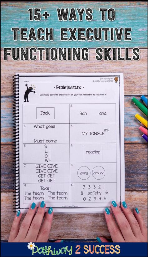 Over 15 fun and interactive ways to teach executive functioning skills to kids and teens! Use brainteasers to teach perseverance and flexibility. Use games to practice self-control and attention. Use your curriculum to discuss organization and planning. Implement an executive functioning lesson time to teach and integrate all the skills. There are many tips and tricks for teaching EF skills in the classroom and at home! #pathway2success #executivefunctioning Games For Executive Functioning, Executive Functioning In The Classroom, How To Teach Executive Function Skills, Executive Functioning Strategies High School, Teach Executive Functioning Skills, Executive Functioning Iep Goals, Executive Functioning Activities Middle School, Get Ready Do Done Executive Functioning, Task Initiation Activities For Kids