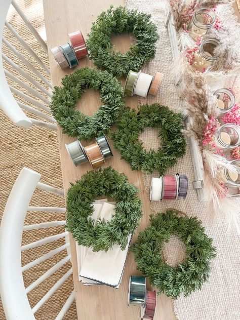 Hobby Lobby Mini Wreath + Velvet Ribbon DIY - amanda party + home Mini Wreaths On Windows, Where To Hang Wreaths In House, How To Add Ribbon To A Wreath, Diy Small Wreath, Mini Wreaths Diy, Small Wreath Ideas, Diy Mini Wreath, Mini Wreath Diy, Cedar Wreath