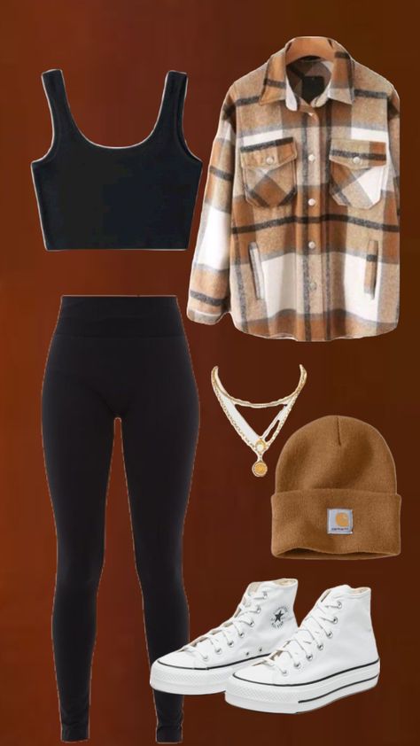 Fall fit!🧡🤍 #outfitinspo Fall T Shirt Outfit, Simple But Cute Outfits For School, Fall Outfits Women Warm Weather, Cute Outfits With Leggings Casual, Chilly Weather Outfits Casual, How To Style A Plaid Shirt, Comfy Cute Winter Outfits, Cute Date Outfits For Winter, Football Games Outfit