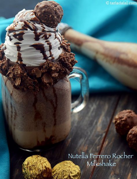 Kitty Party Easy Recipes Ferrero Rocher Milkshake, Ferror Rocher, Milkshakes Recipes, Drink Mocktail, Homemade Apple Juice, Nutella Milkshake, Sea Salt Cookies, Milkshake Recipe Chocolate, Cafe Idea