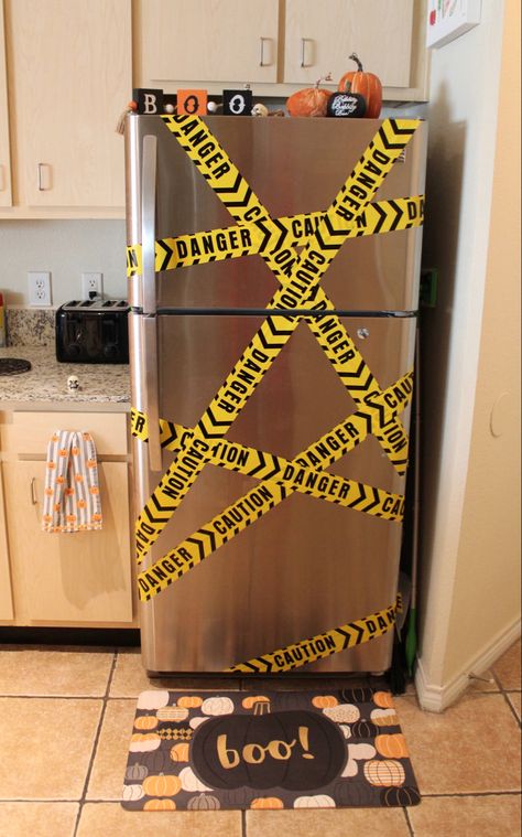 Halloween Wow Fridge, Halloween Fridge Decorations, Holloween Decore Idea For Office, Caution Tape Decoration, Halloween Office Decor, Small Halloween Party, Creepy Halloween Party, Halloween Decorations Apartment, Pumpkin Boo