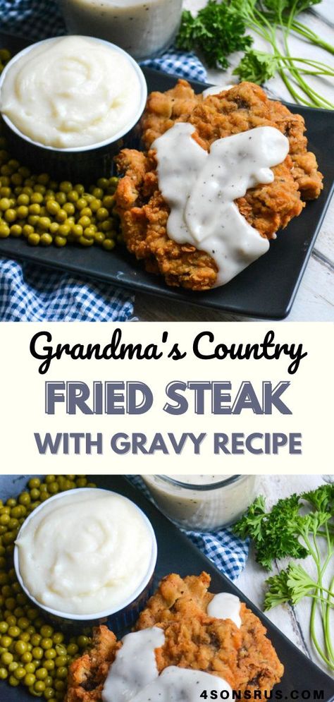 Country Style Steak And Gravy Recipes, Southern Country Dinner Ideas, Easy Country Fried Steak And Gravy, Cube Steak White Gravy, Ground Beef Country Fried Steak, Country Home Cooked Meals, Breakfast Steak Recipes Dinners, Country Style Dinner Recipes, Country Meal Ideas