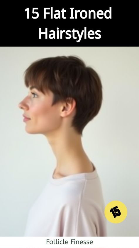 Flat Ironed Hairstyles,Woman with poker straight pixie cut, side view Flat Ironed Hairstyles, Sleek Pixie, Grey Bob Hairstyles, 90’s Hairstyles, Belle Hairstyle, Flat Irons, Side Swept Bangs, Heat Protectant, Side Swept