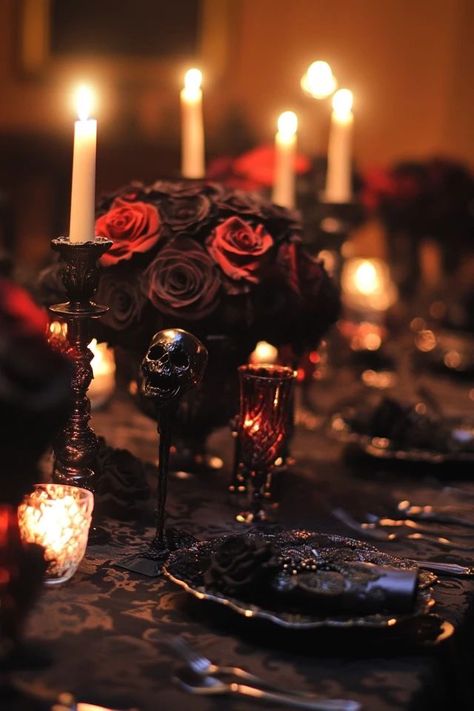 "Create an eerie atmosphere with a dark and gothic Halloween tablescape! 🕸️🕯️ Perfect for a hauntingly beautiful dinner party. #DarkHalloweenTablescape #SpookyDecorInspiration #GothicTableDecor" Vampire Dinner Party Table Settings, Gothic Romance Party, Gothic Tablescape, Dark Tea Party, Vampire Dinner Party, Goth Tea Party, Phantom Of The Opera Wedding, Gothic Dinner Party, Gothic Dinner