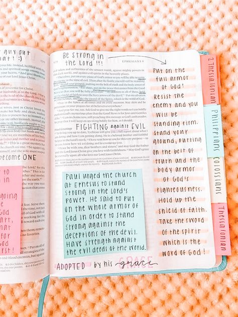 Bible Highlighting, Journal Bible Quotes, Bible Journal Notebooks, Open Bible, Bible Journaling Ideas Drawings, Bible Doodling, Bible Journal Notes, Bible Study Plans, Ephesians 6