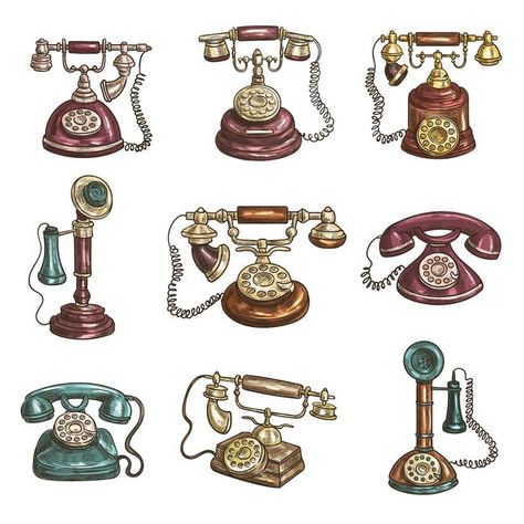 Old vintage retro phones with receivers,... | Premium Vector #Freepik #vector #vintage Old Phone Drawing, Retro Phones, Retro Technology, Antique Phone, Telephone Vintage, Ancient Drawings, Antique Telephone, Sketch Icon, Old Paper Background