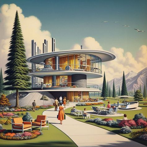 Retro Futurism Atompunk, Retro Buildings, House Of Tomorrow, Googie Architecture, Midcentury Architecture, Mid Century Illustration, Anime City, Architecture Design Drawing, Mid Century Architecture