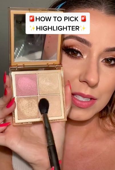 This TikTok video will completely change how you apply highlighter- CosmopolitanUK Liquid Highlighter Makeup, Liquid Highlighter How To Apply, How To Apply Highlighter, Benefit Highlighter, Best Drugstore Eyeshadow, Applying Highlighter, Makeup Revolution Palette, Highlighter Swatches, Eye Trends