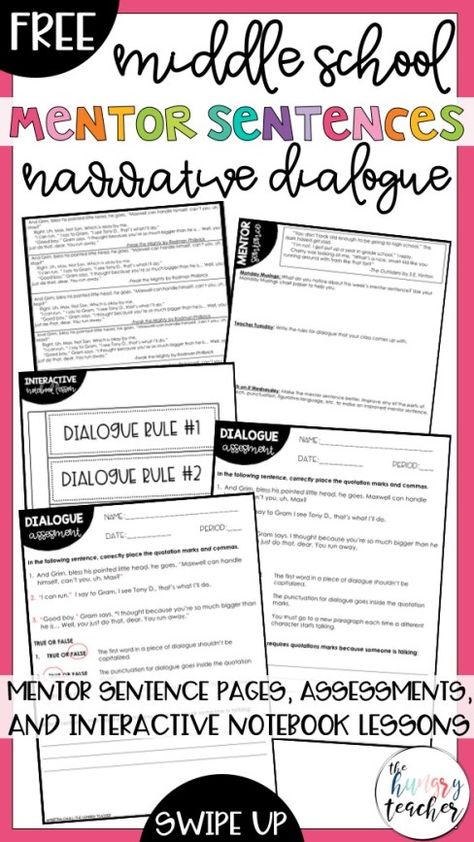 Middle School Mentor Sentences Narrative Essay Dialogue Freebie Quick Writes Middle School, Personal Narrative Middle School, Writing Projects Middle School, Narrative Writing Middle School, Teaching Dialogue, Middle School Novels, Mentor Sentences, Transition Words, Middle School Writing