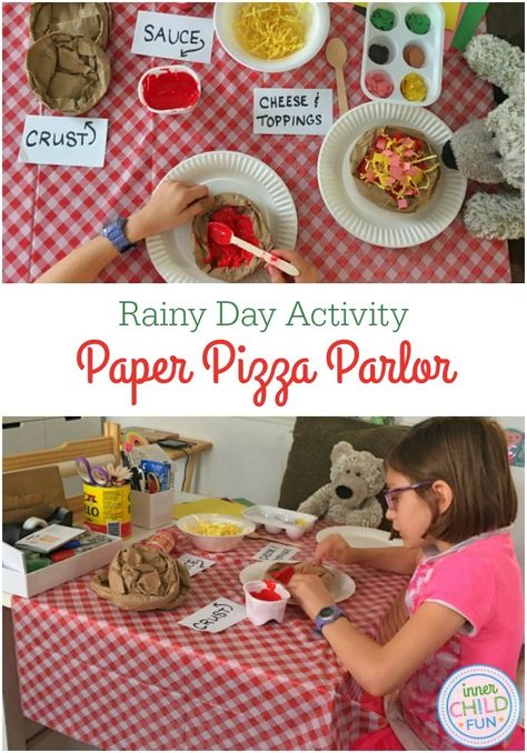 Rainy Day Activity - Paper Pizza Parlor - so cute!! Pizza Activities, Dramatic Play Activities, Fun Rainy Day Activities, Preschool Cooking, Pizza Parlor, Imagination Play, Rainy Day Activities For Kids, Rainy Day Activity, Preschool Letter