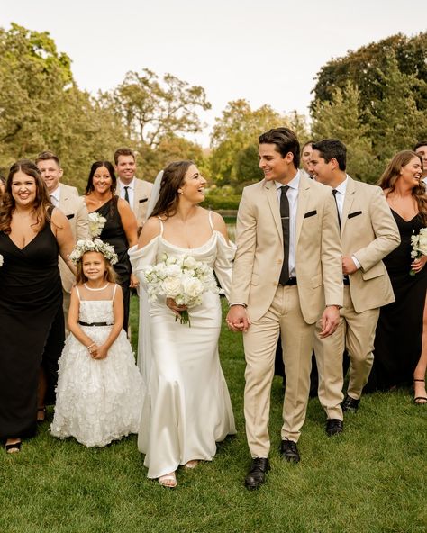 Here’s to love stories that feel like fairy tales 🤍✨💍 Ceremony: @cantignypark Reception: @marriottburrridge Coordinator: @lovestoryweddingevents Dress: @anthropologieweddings Bridesmaids Dresses: @azazieofficial Groom & Groomsmen Attire: @theblacktux Hair & Makeup: @hairs2thebride Florist: @inflorescence312 DJ: Monastero Entertainment Transportation: @chicagobusservices Videographer: @joemantarian Photo Booth: @pixelperfectphotobooth Desserts: @ilgiardinodeldolce . . . . . . . Ca... Black Bridesmaid Dresses Tan Groomsmen, Black Bridal Party Attire, Tan Groomsmen Suits, Tan Groomsmen, Bridal Party Attire, Black Bridesmaid, Tan Suit, Groom And Groomsmen Attire, Groom Groomsmen