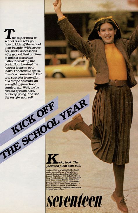 Ah, the wonderful back-to-school issue.  Seventeen magazine, August 1979.  Model Phoebe Cates pictured here in the "Kick off the School Year" layout. Retro Pop Culture, Seventeen Magazine Fashion, Phoebe Cates, Girl Sweat, The Ozarks, Seventeen Magazine, Build A Wardrobe, Retro Pop, Magazine Articles