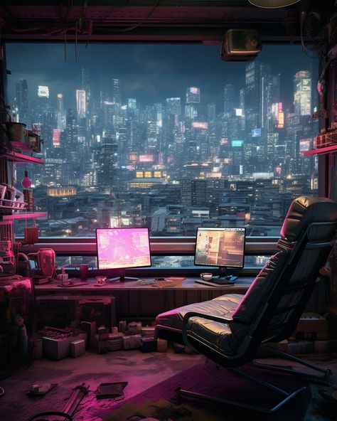 Cyberpunk Computer Bedroom with an Amazing View Dystopian Inspiration, Cyberpunk Computer, Computer Bedroom, Scifi Room, Cyberpunk Apartment, Sci Fi Room, Cyberpunk Vibes, Japan Room, City Aesthetics