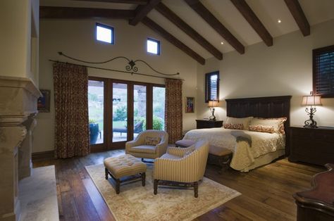 bedroom-with-vaulted-ceiling-exposed-beams-large-wood-headboard Master Suite Addition, Design Ložnic, Bedroom Addition, Bedroom With Sitting Area, Faux Wood Beams, Modern Masters, Bedroom Ceiling, Bedroom Flooring, Remodel Bedroom